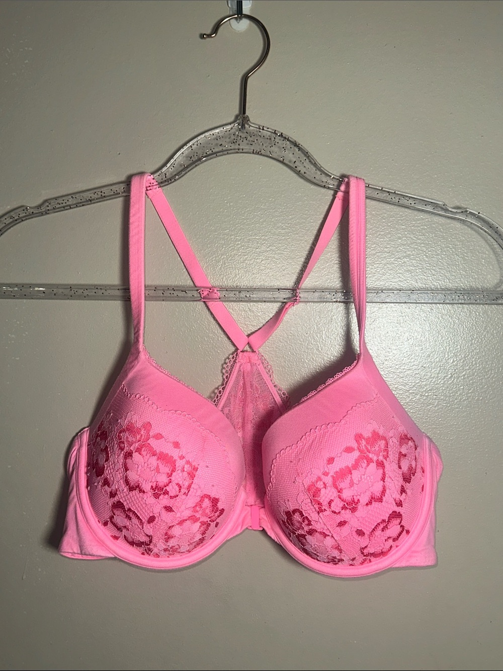 Victorias Secret 34D Pink Lace Racerback Front Clasp Bra